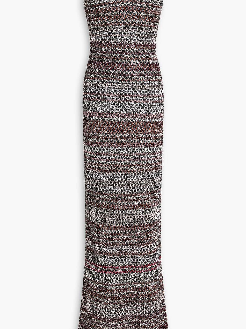 sequin-embellished metallic crochet-knit maxi dress
