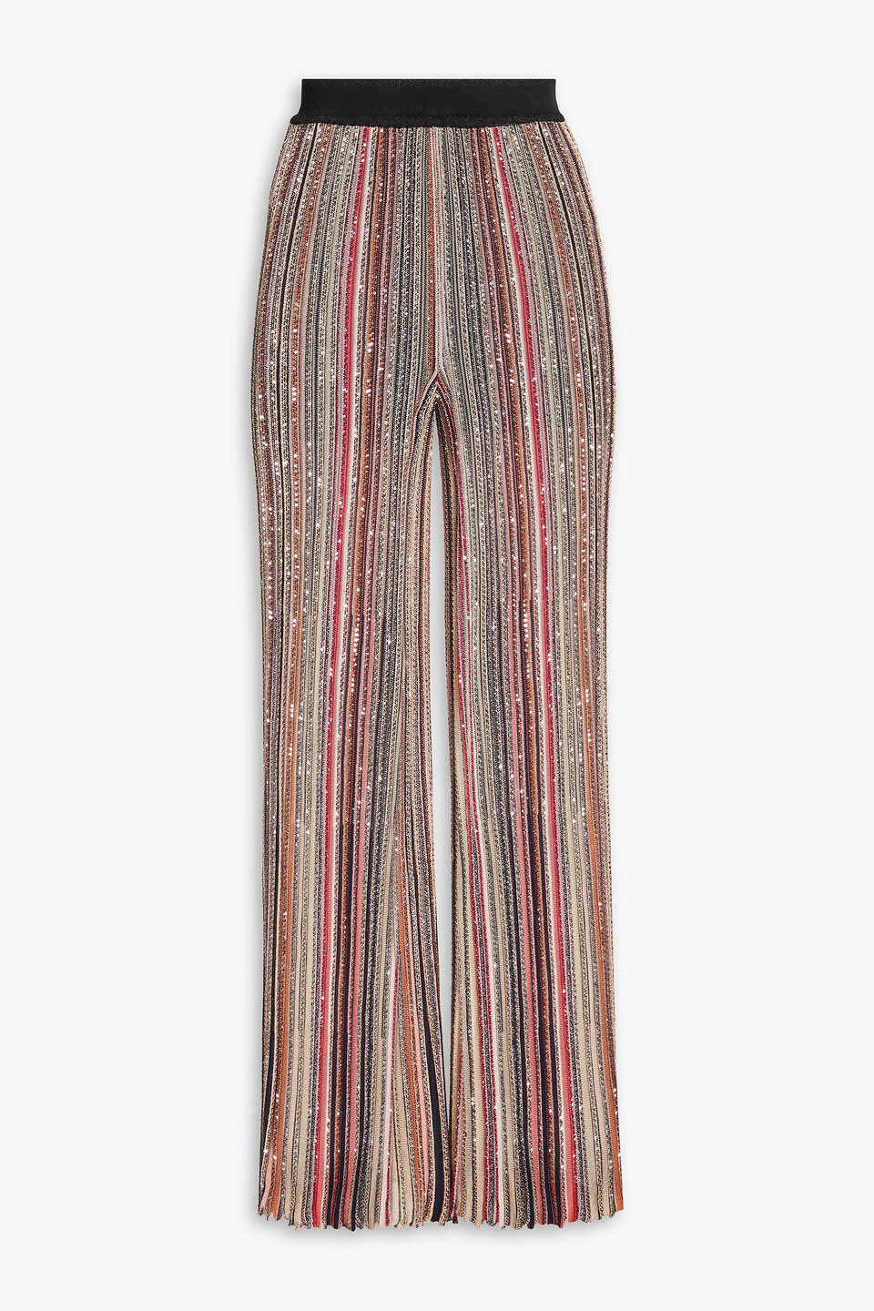 Embellished striped ribbed-knit flared pants