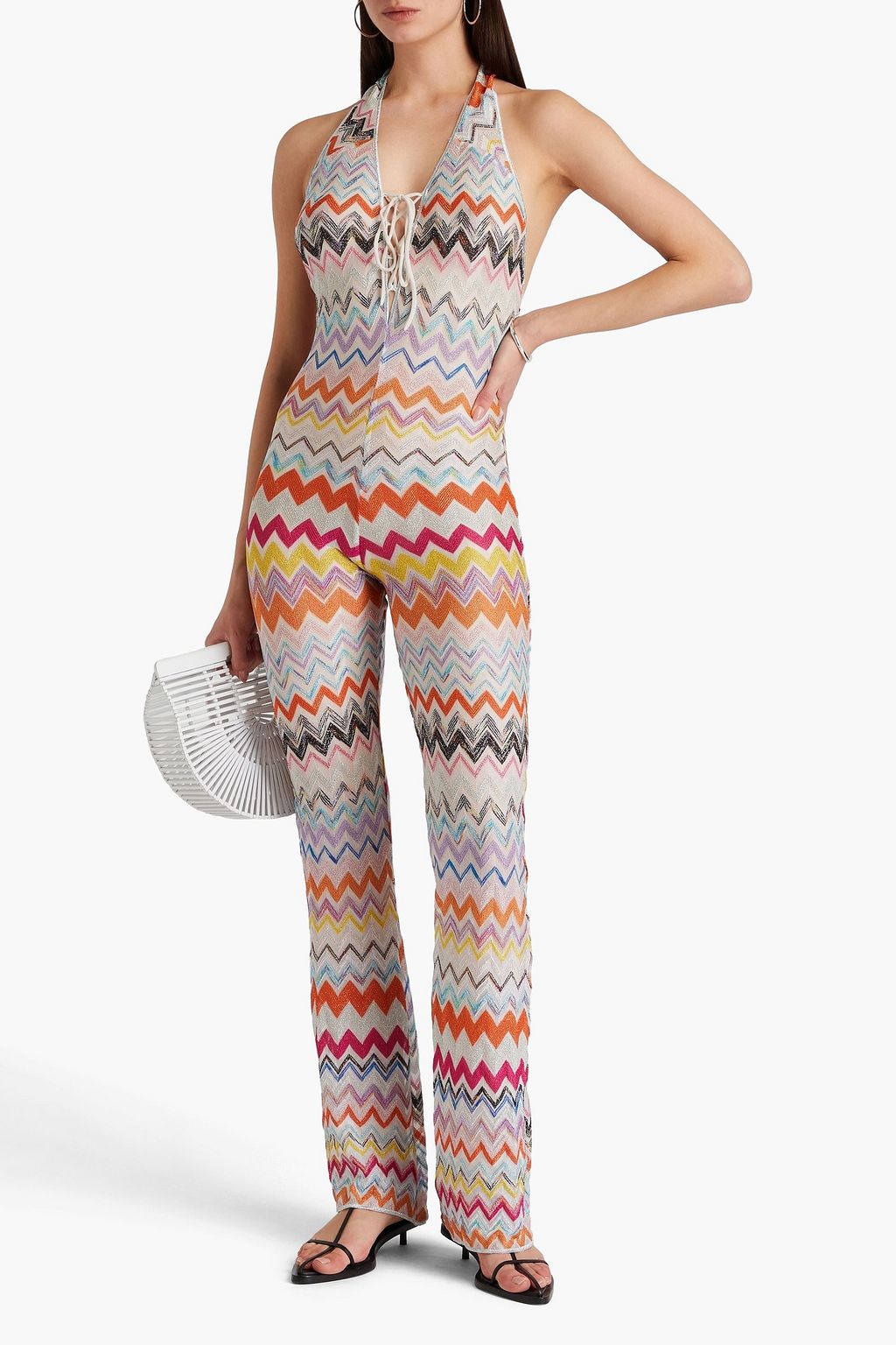 MISSONI Lace-up metallic crochet-knit halterneck jumpsuit