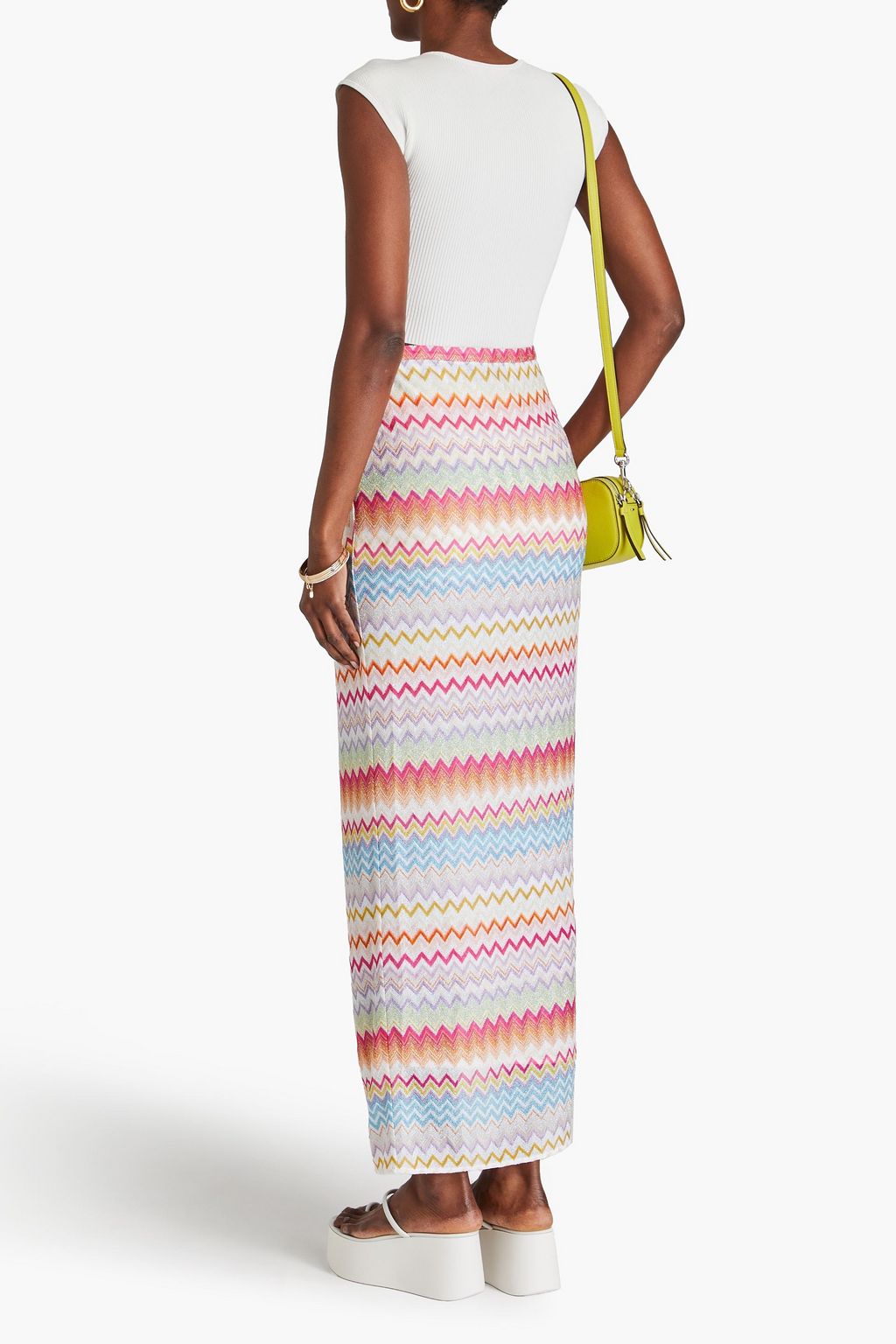 MISSONI 랩 스타일 메탈릭 크로셰 니트 맥시 스커트