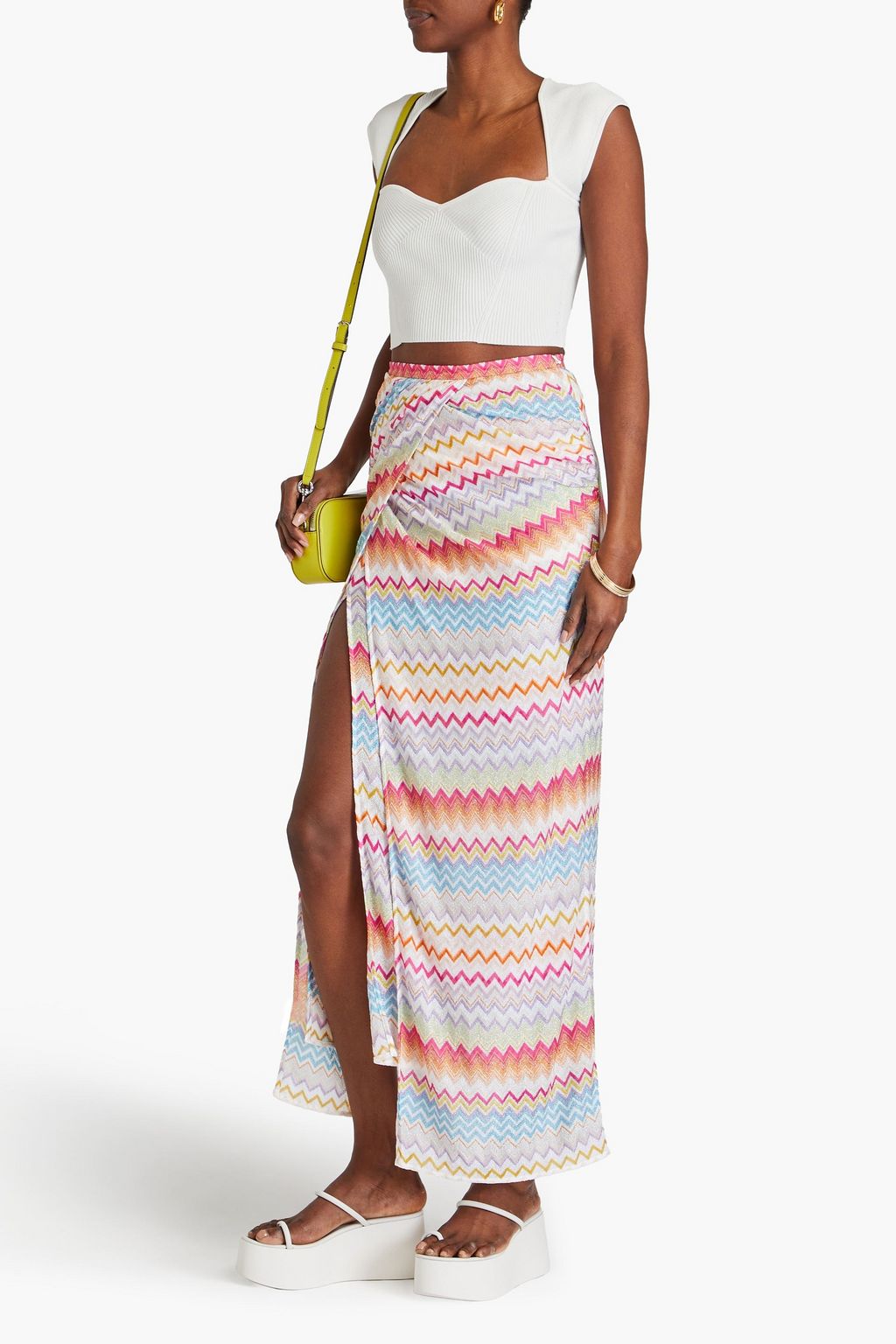 MISSONI 랩 스타일 메탈릭 크로셰 니트 맥시 스커트