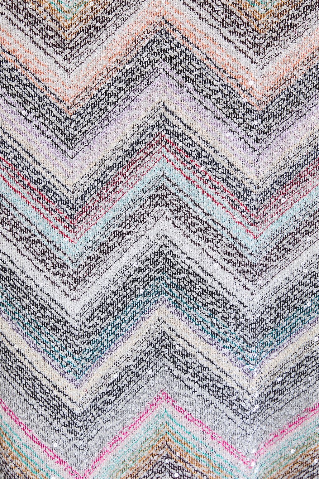 MISSONI فستان قصير بدون حمالات بحبكة كروشيه بلون معدني ومزين بالترتر