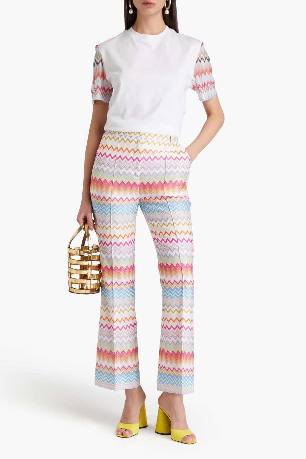 MISSONI بنطلون بقصة واسعة من الأسفل من نسيج بحبكة كروشيه بلون معدني