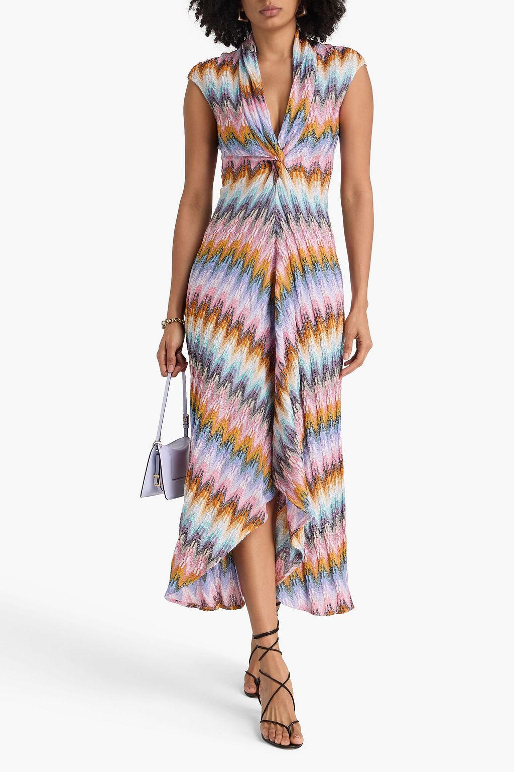 MISSONI فستان طويل بقصّة ملفوفة من نسيج بحبكة كروشيه بلون معدني