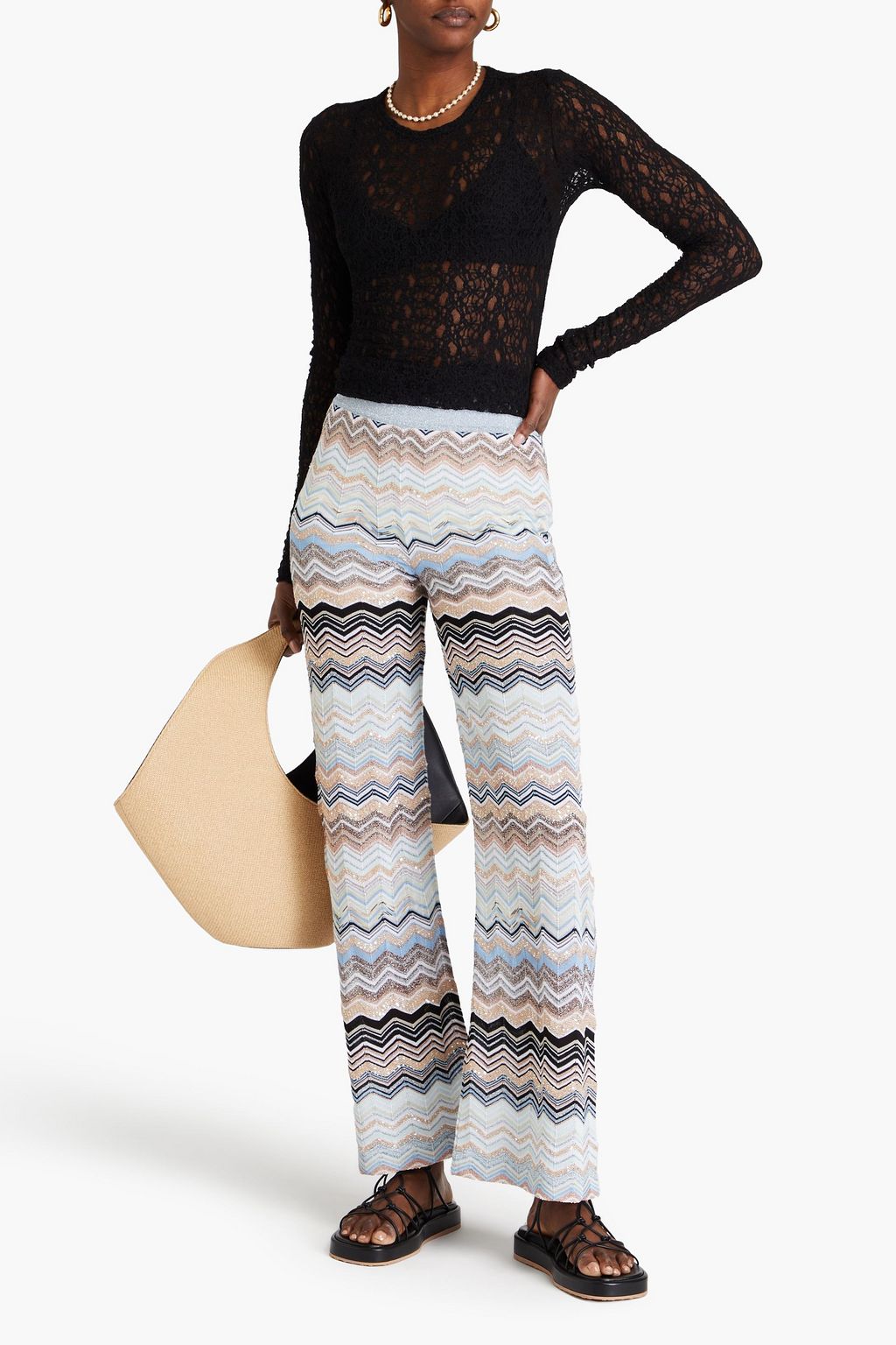 MISSONI بنطال بأرجل واسعة من نسيج بحبكة كروشيه بلون معدني