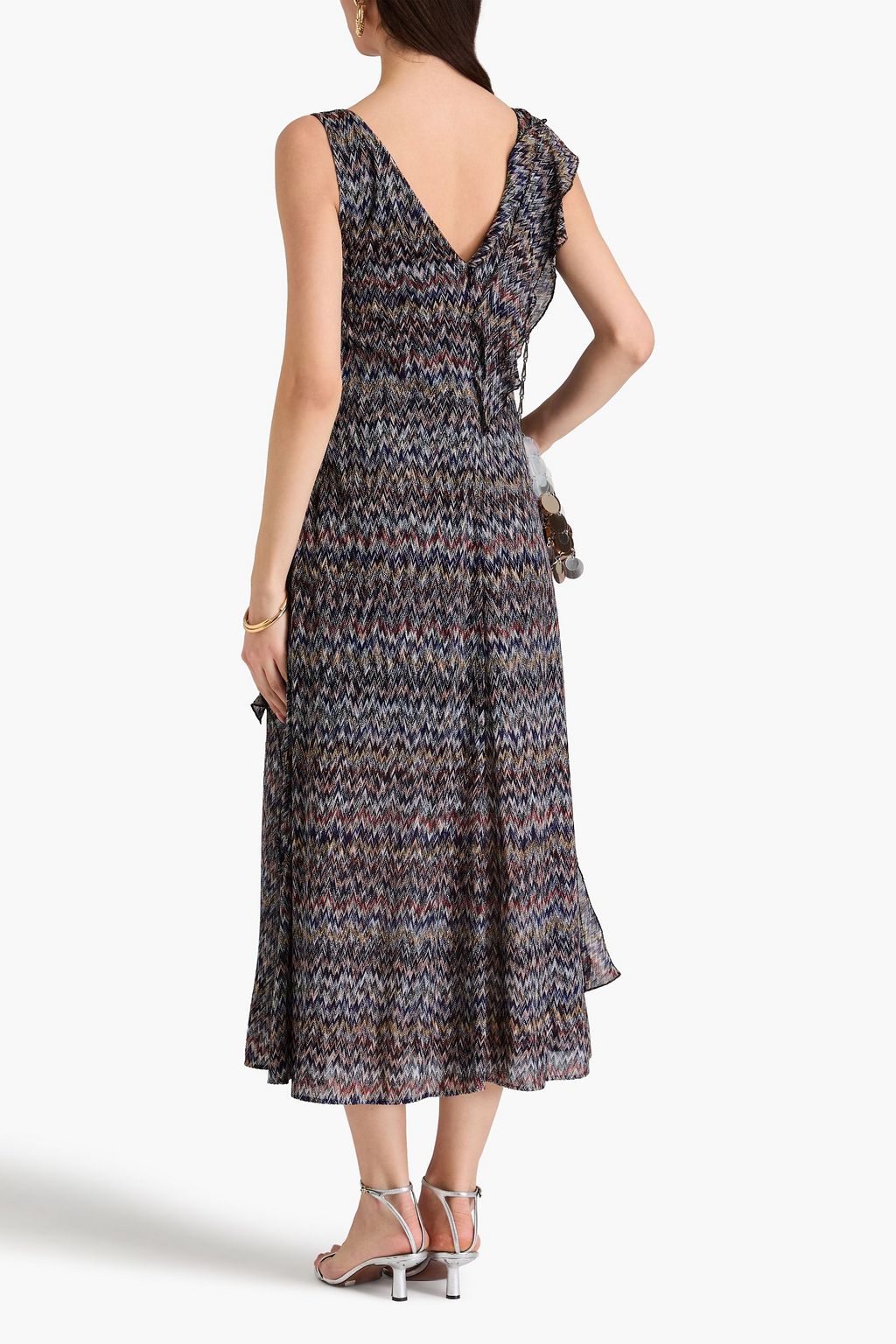 MISSONI 러플 장식 메탈릭 크로셰 니트 미디 드레스