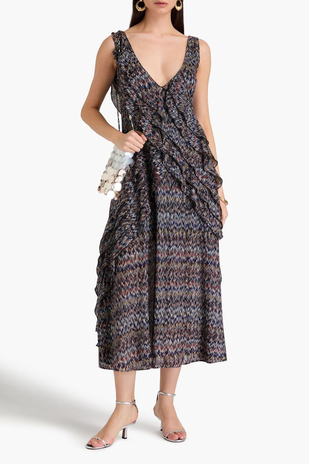 MISSONI 러플 장식 메탈릭 크로셰 니트 미디 드레스