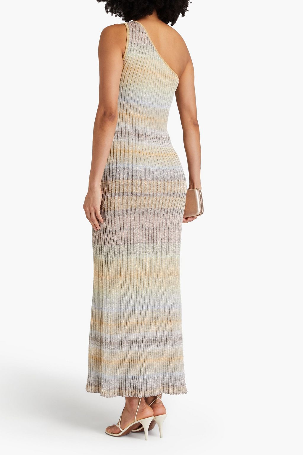 MISSONI فستان طويل بكتف واحد من نسيج بنمط مضلّع بلون معدني