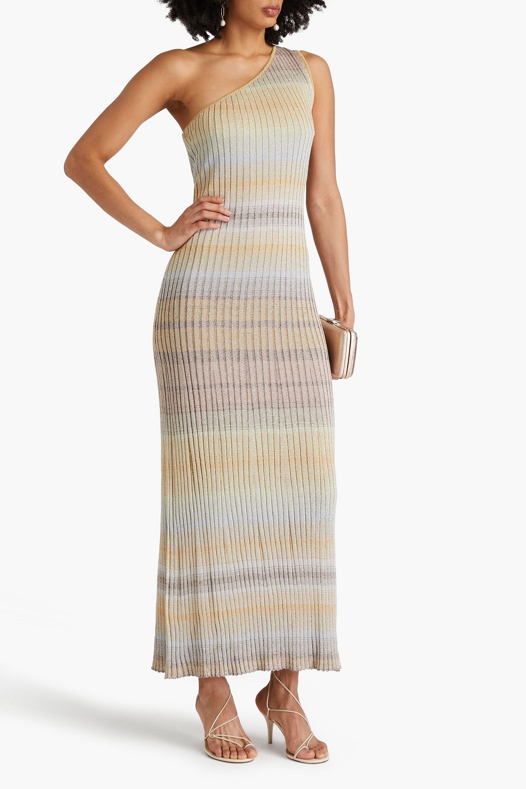 MISSONI فستان طويل بكتف واحد من نسيج بنمط مضلّع بلون معدني