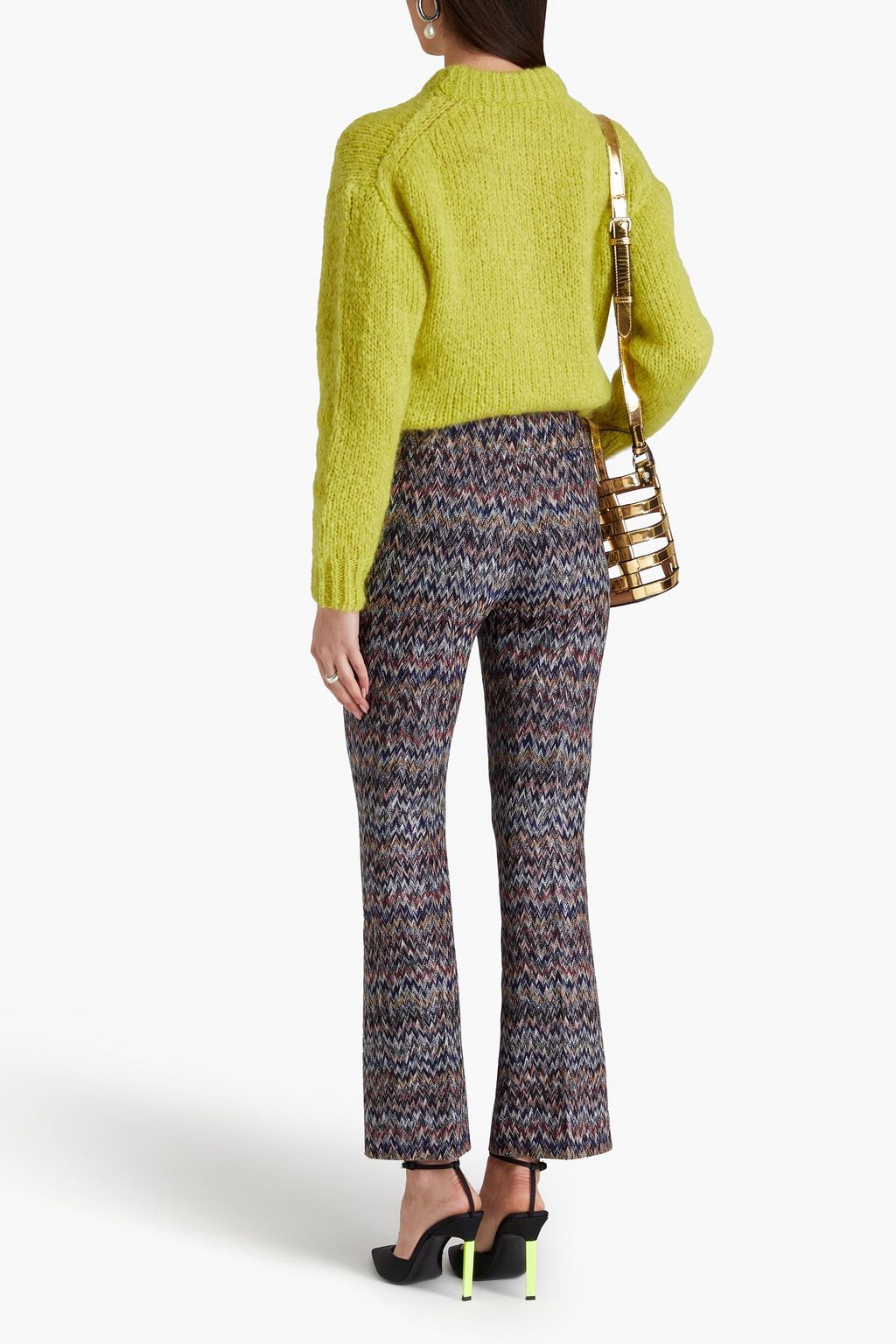 MISSONI بنطال بقصة واسعة من الأسفل من نسيج بحبكة كروشيه بلون معدني