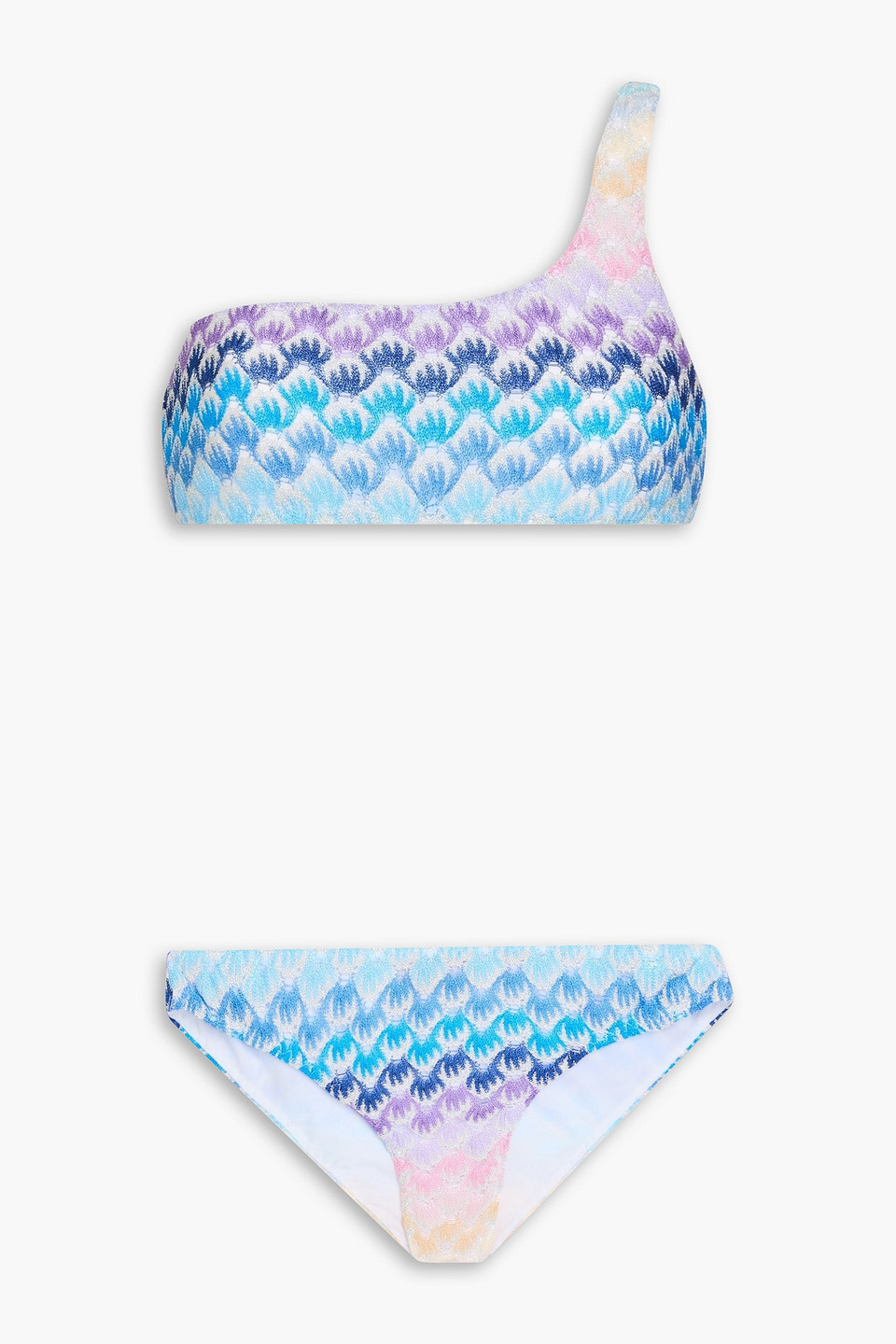 Missoni One-shoulder Metallic Crochet-knit Bikini In Azurblau