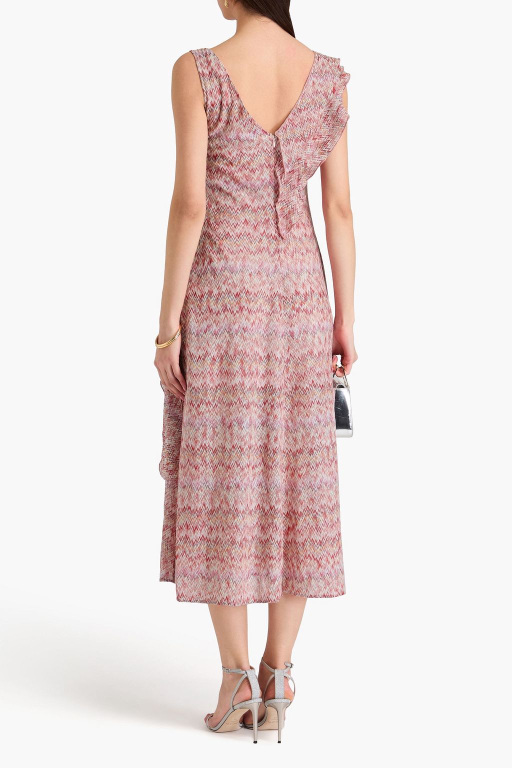 MISSONI 러플 장식 메탈릭 크로셰 니트 미디 드레스