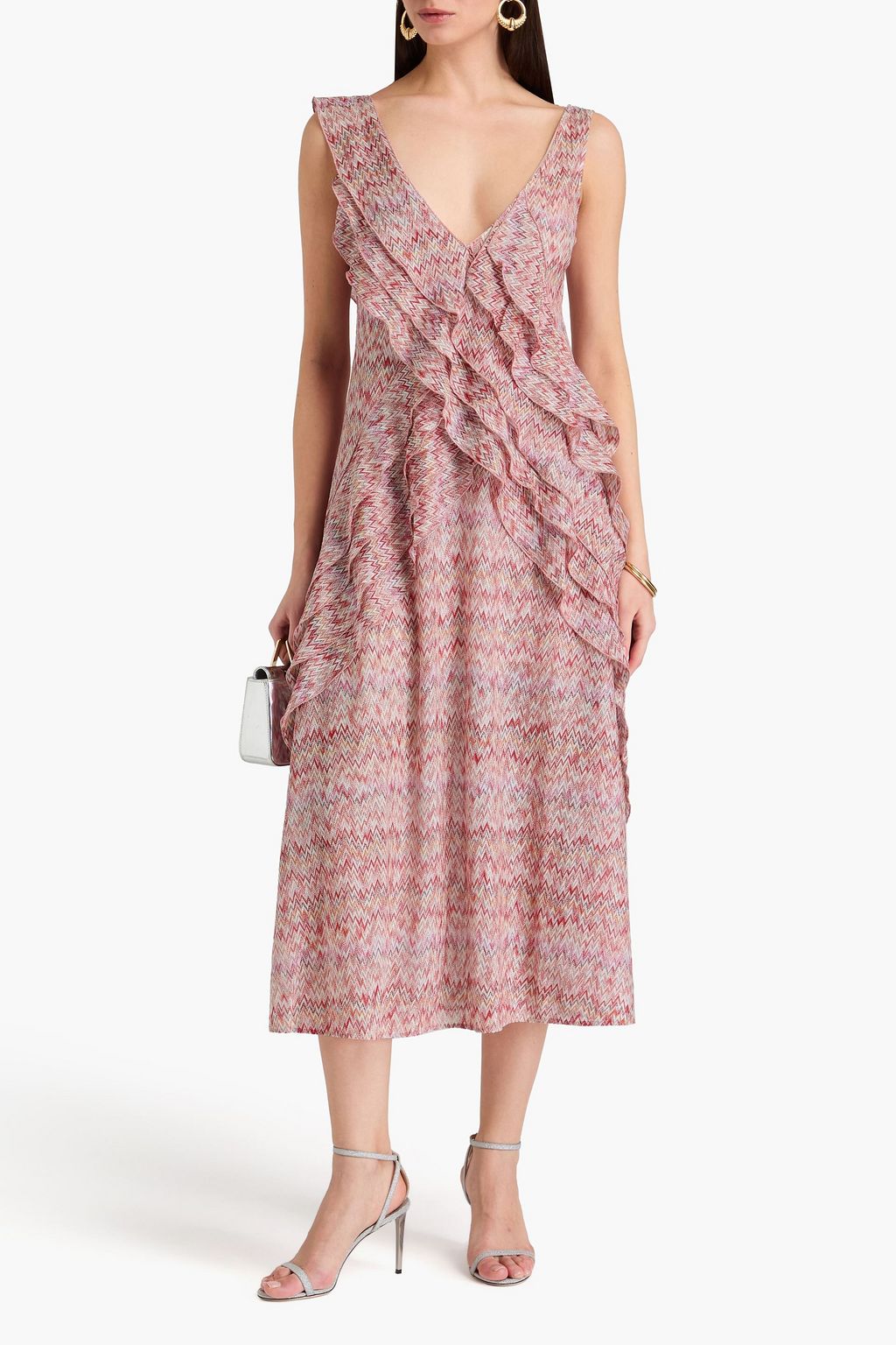 MISSONI 러플 장식 메탈릭 크로셰 니트 미디 드레스