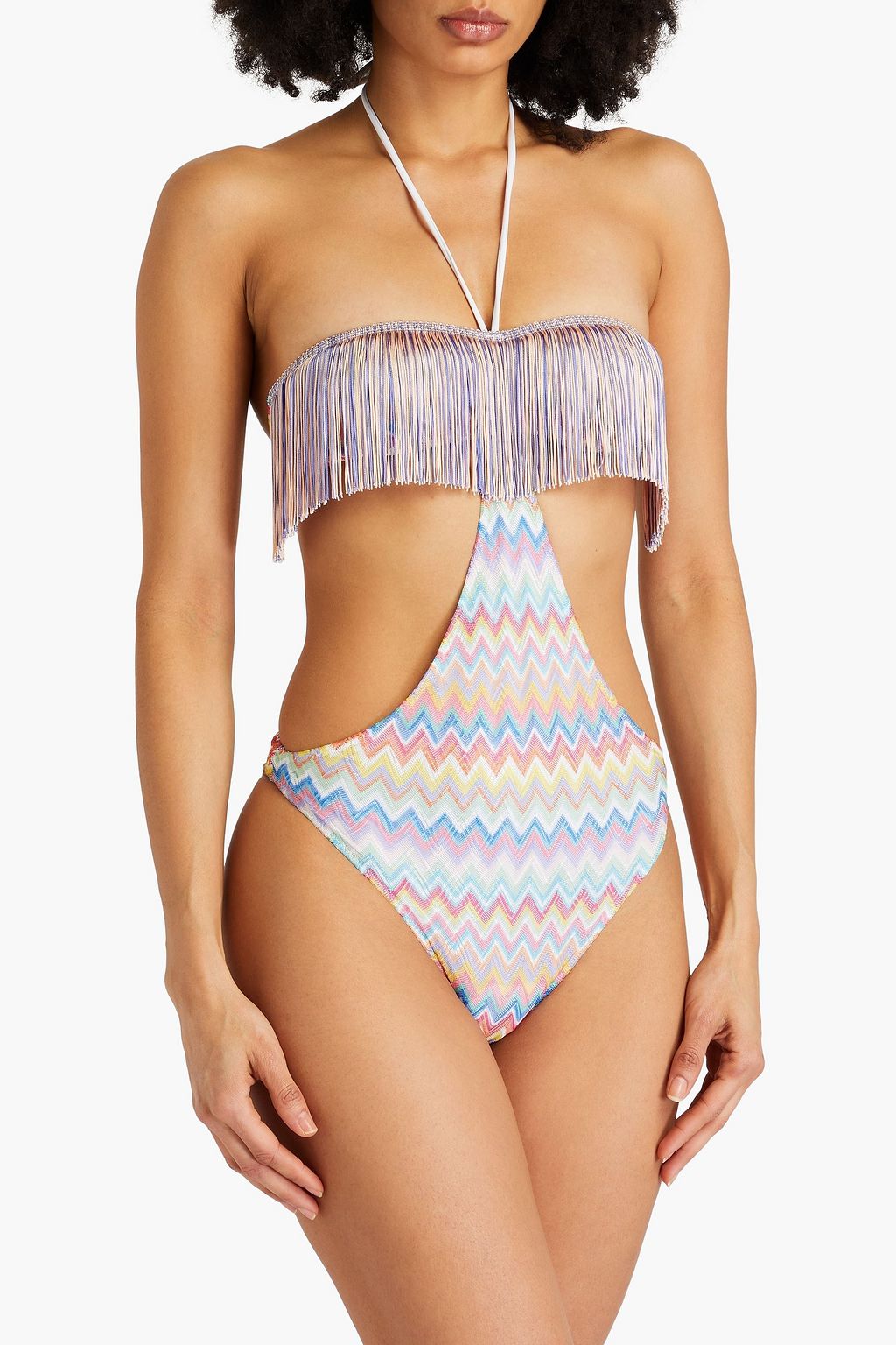 MISSONI Fringed cutout crochet-knit halterneck swimsuit
