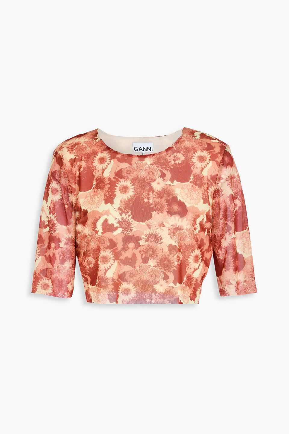 Ganni Cropped Oberteil Aus Stretch-mesh Mit Floralem Print In Pfirsichfarben
