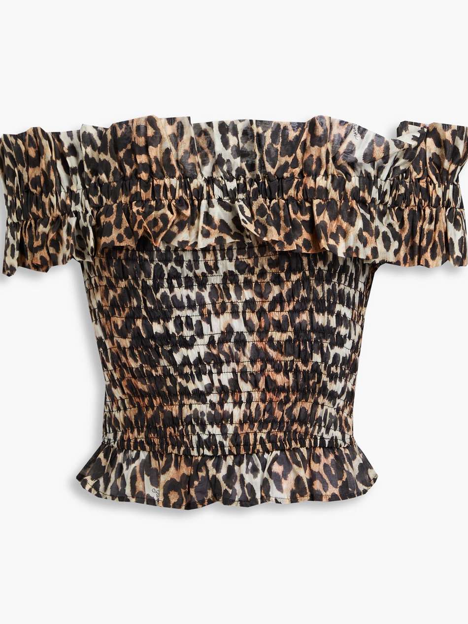 off-the-shoulder cropped leopard-print lyocell-blend top