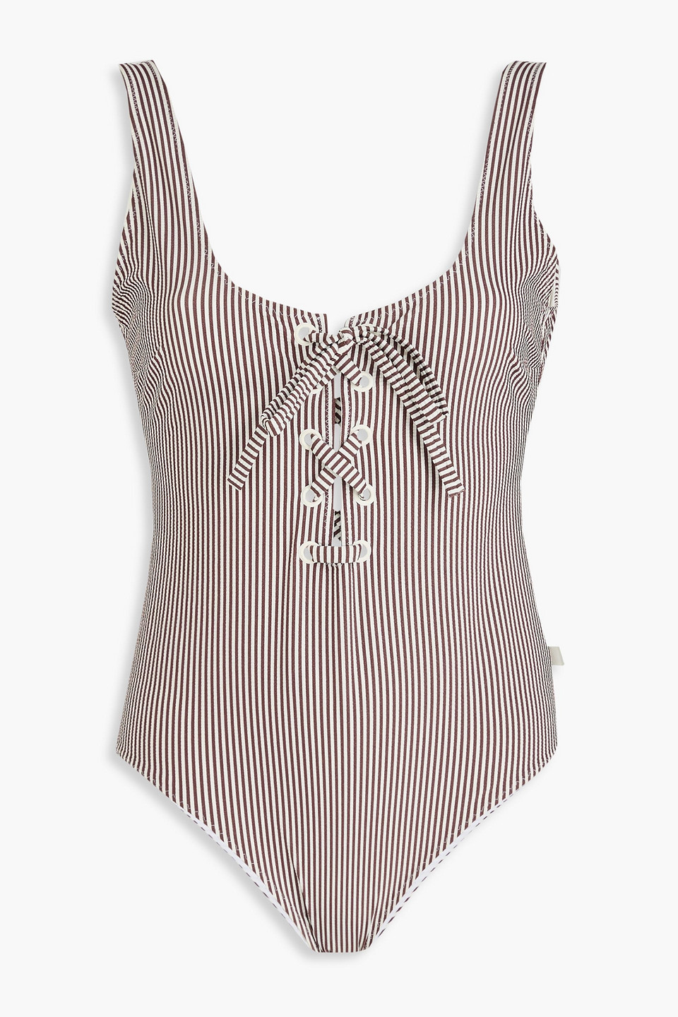Ganni Lace-up Striped Seersucker Swimsuit