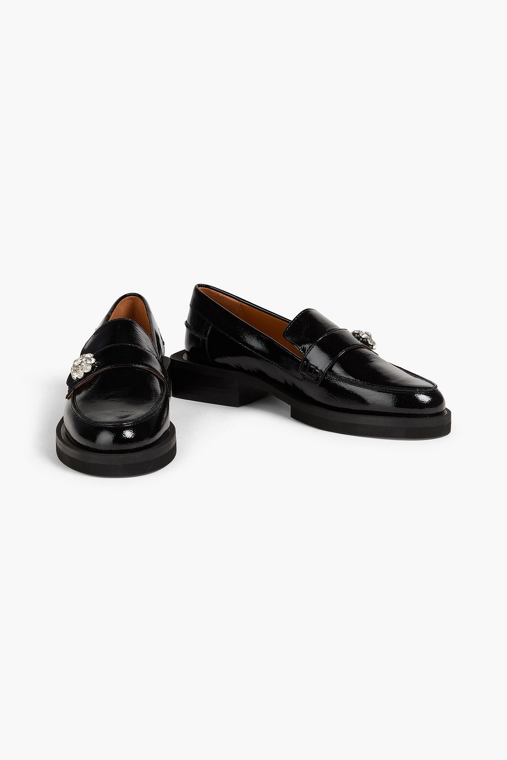 GANNI Crystal-embellished patent-leather loafers