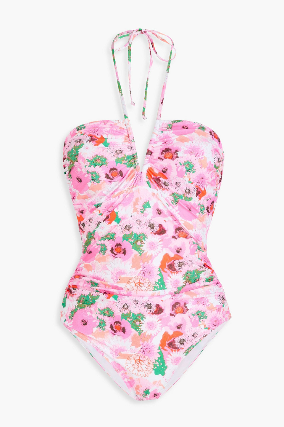 Ruched floral-print halterneck swimsuit