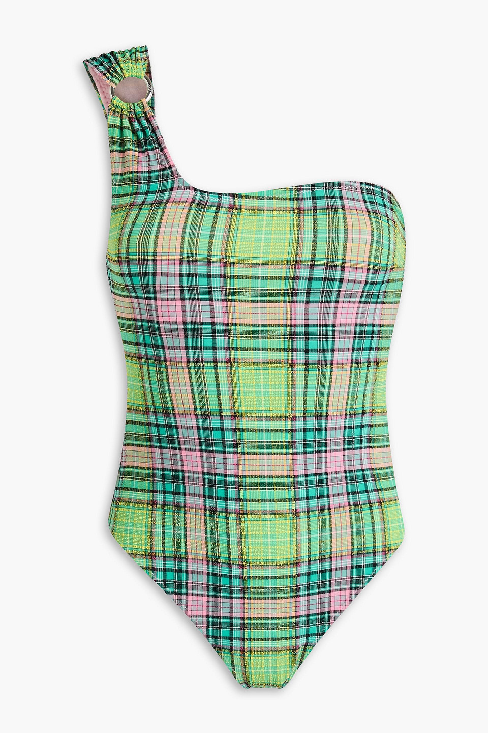 GANNI - One-shoulder checked stretch-seersucker swimsuit - Multicolor - DE 34