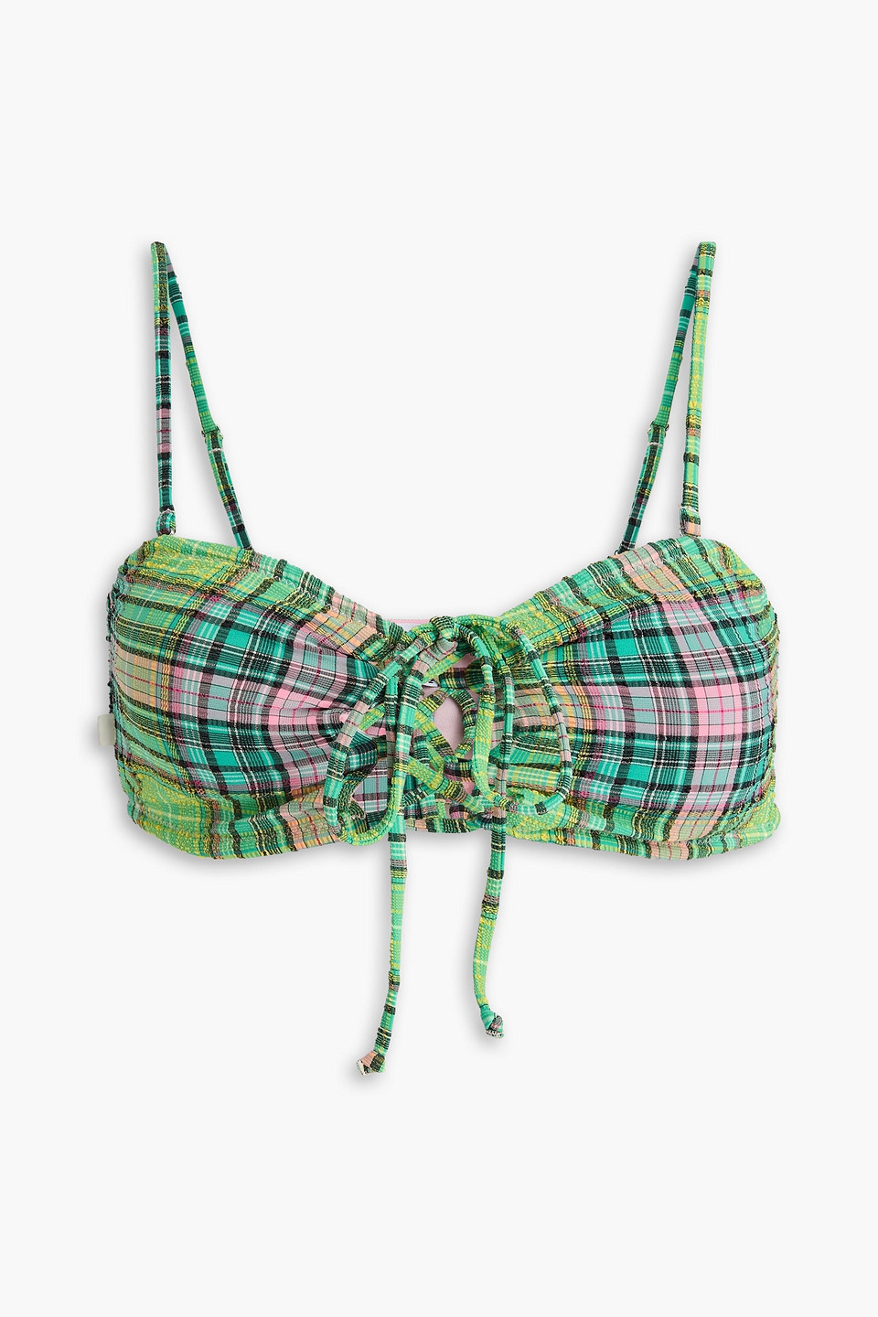 GANNI - Lace-up checked stretch-seersucker bikini top - Multicolor - DE 36