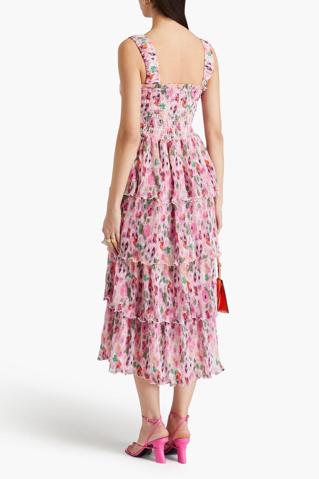 GANNI Tiered floral-print plissé-chiffon midi dress