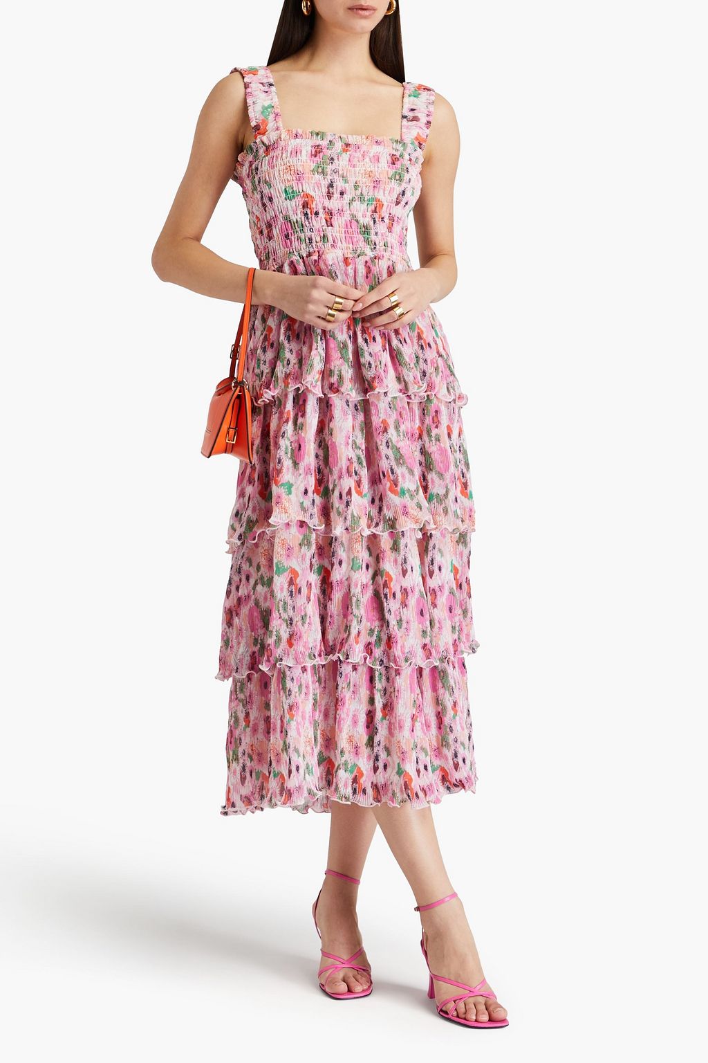 GANNI Tiered floral-print plissé-chiffon midi dress