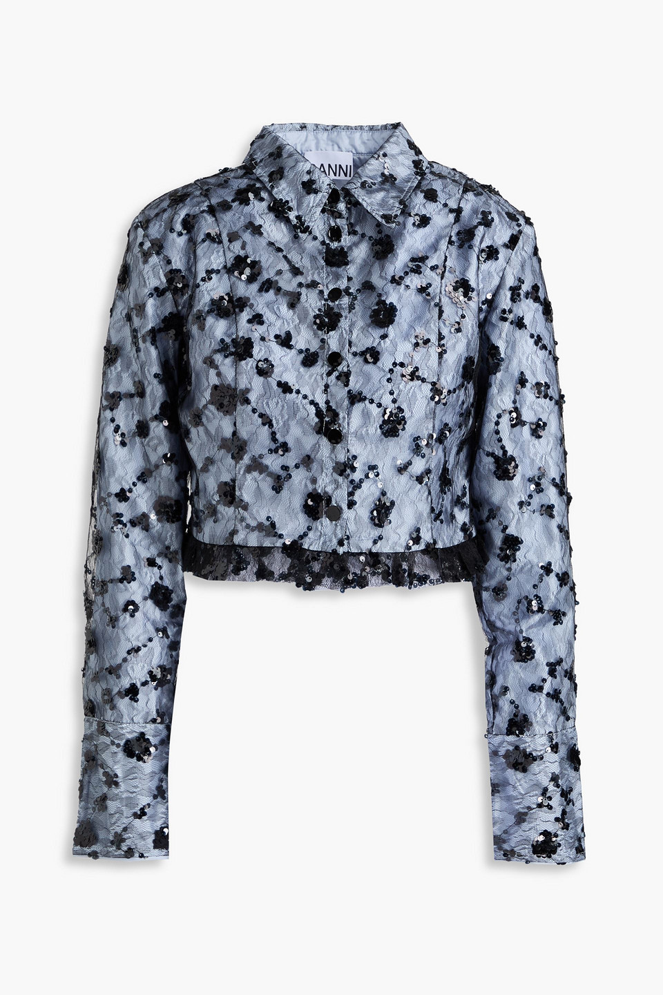 Ganni Sequined Lace Cropped Shirt In Light Blue