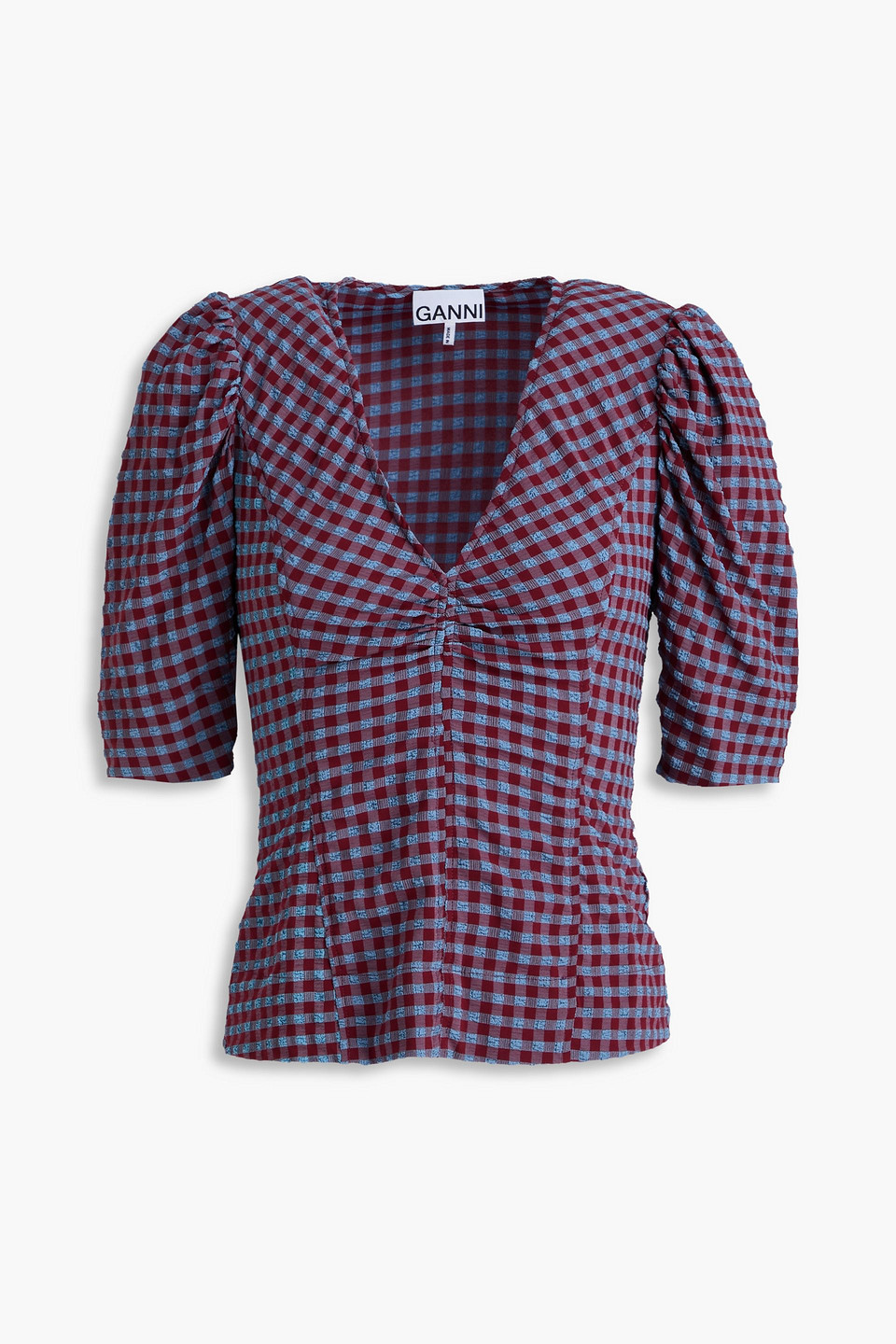 Ganni Gingham Seersucker Top In Burgundy
