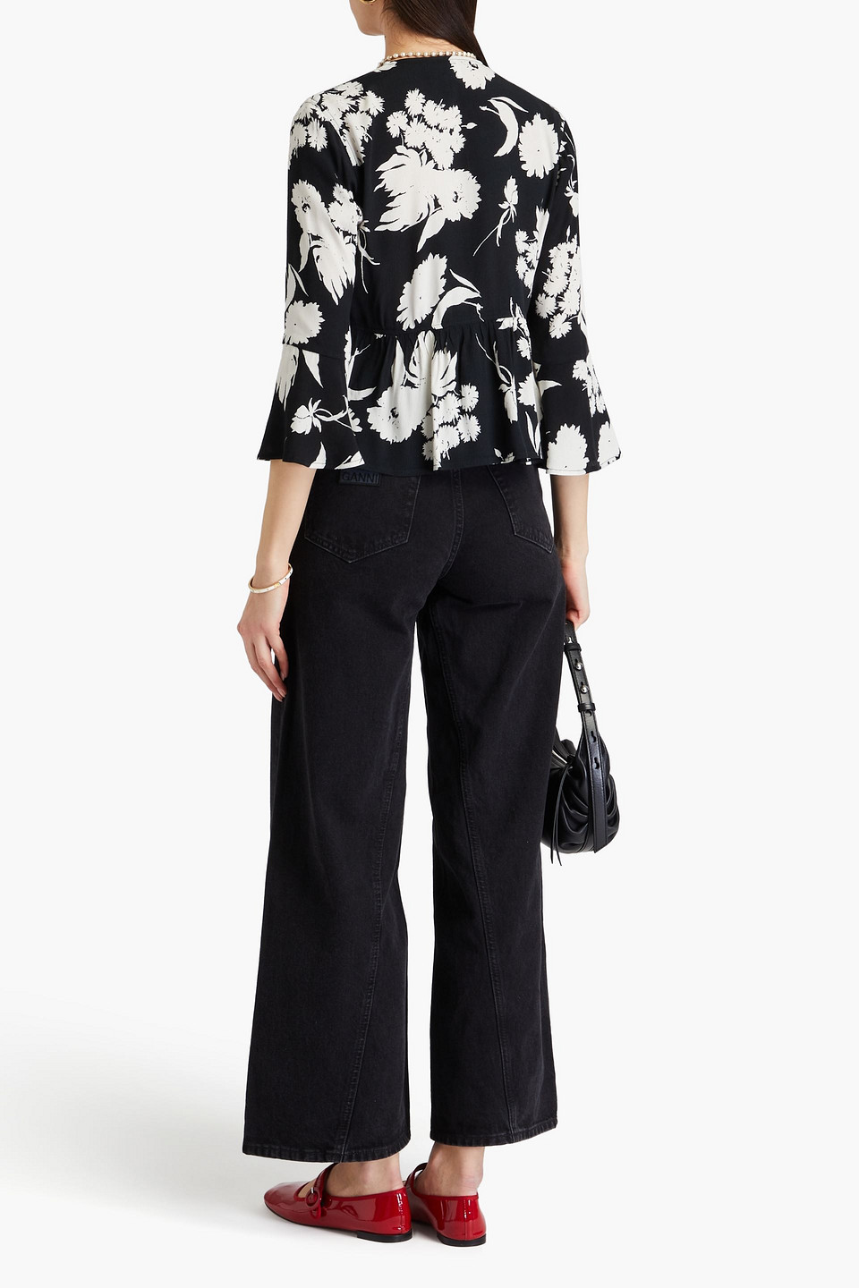 Ganni Floral-print Ecovero™-blend Crepe Peplum Blouse In Black