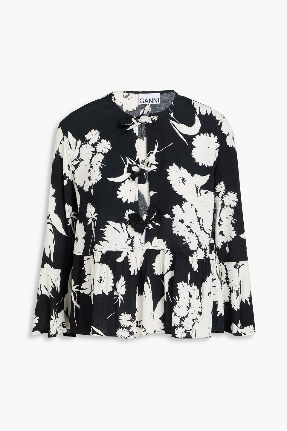 Ganni Floral-print Ecovero™-blend Crepe Peplum Blouse In Black