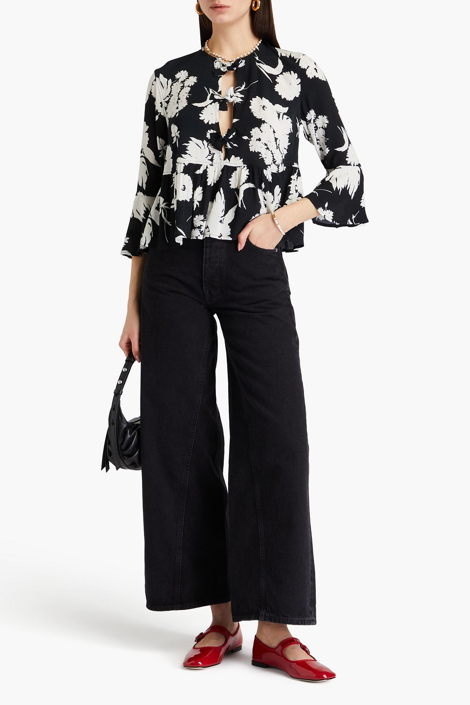 Ganni Floral-print Ecovero™-blend Crepe Peplum Blouse In Black