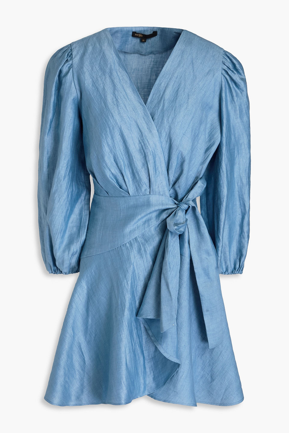Draped linen-blend mini wrap dress