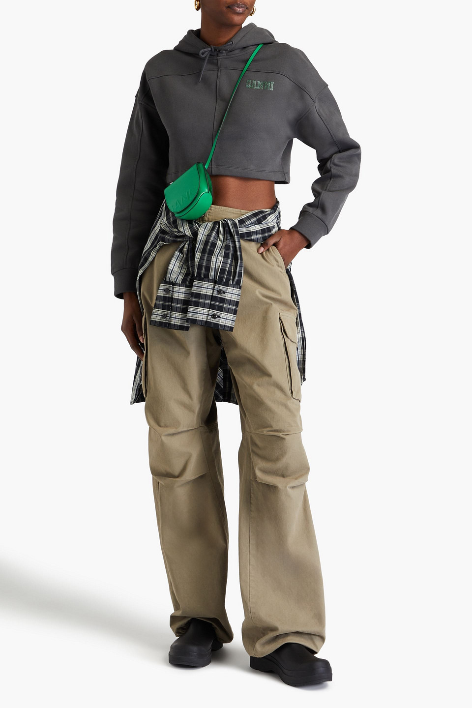 GANNI CROPPED HOODIE AUS FLEECE AUS EINER BAUMWOLLMISCHUNG MIT VERZIERUNG