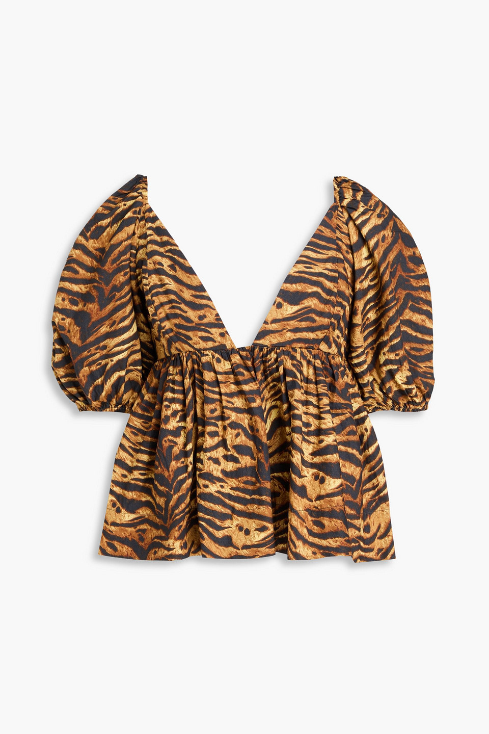 GANNI - Gathered tiger-print cotton-poplin top - Animal print - DE 42