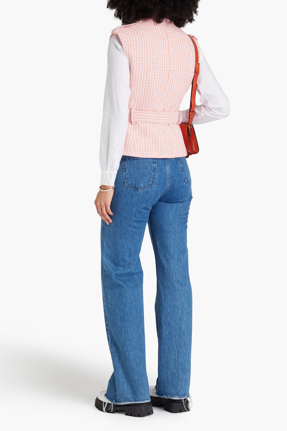 Maje Belted Metallic Cotton-blend Tweed Vest In Baby-pink