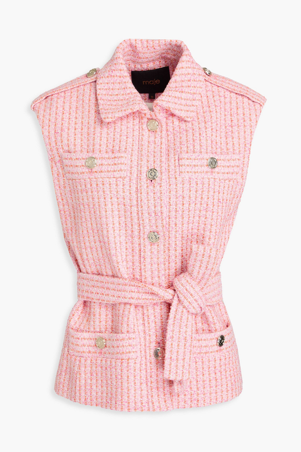 Maje Belted Metallic Cotton-blend Tweed Vest In Baby-pink