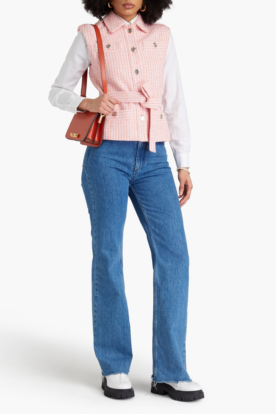 Maje Belted Metallic Cotton-blend Tweed Vest In Baby-pink
