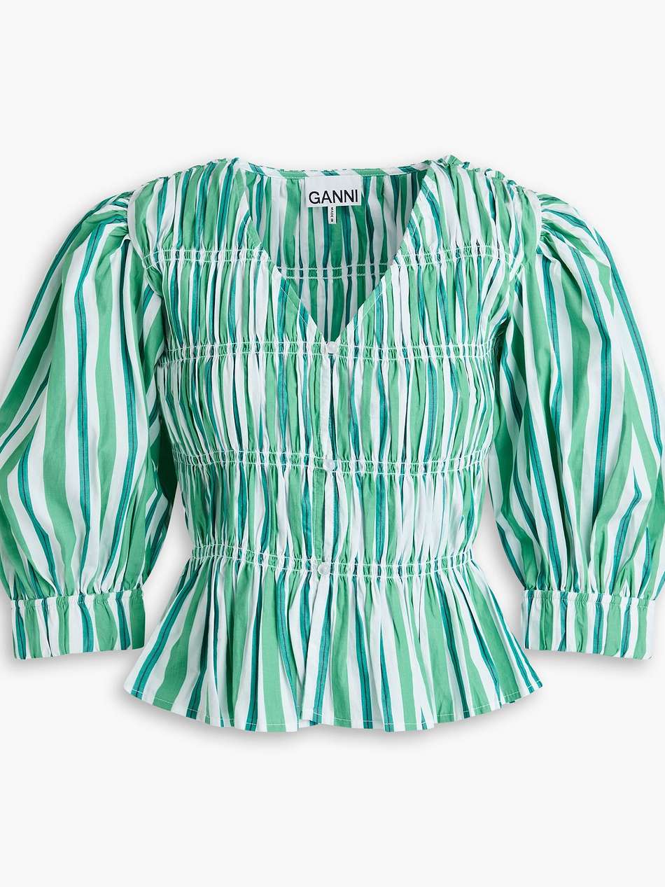 shirred striped cotton-poplin blouse