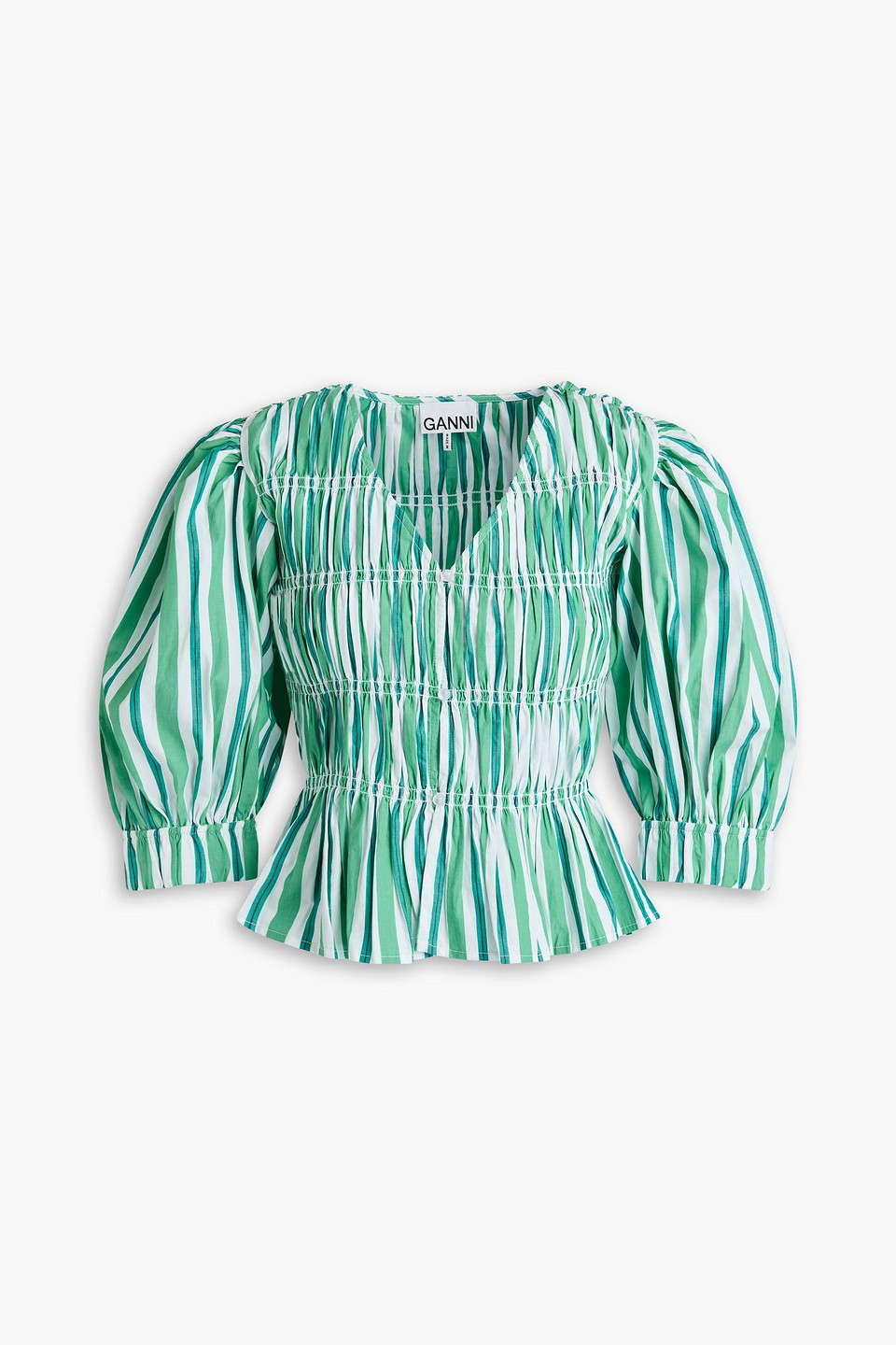 Shirred striped cotton-poplin blouse