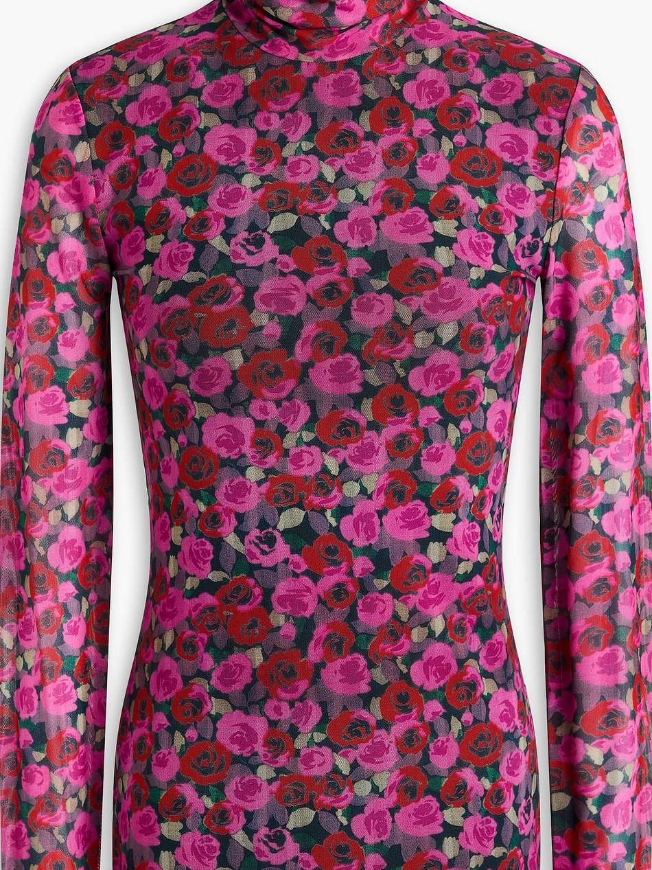 floral-print stretch-mesh turtleneck top
