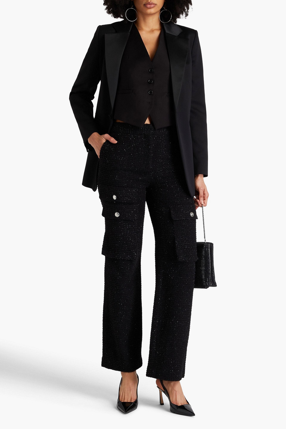 Maje Flared Tweed Cargo Trousers In Schwarz