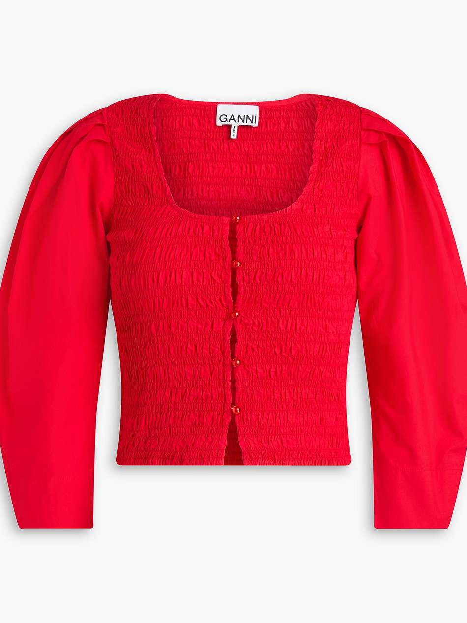 cropped shirred cotton-poplin blouse