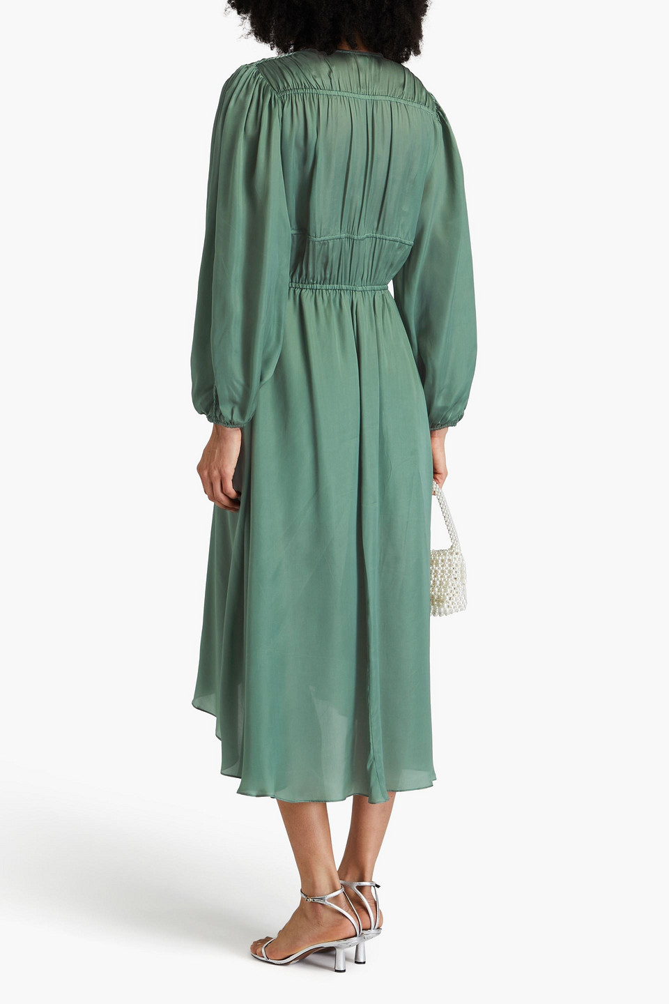 MAJE TIE-DETAILED CUPRO-SATIN MIDI DRESS