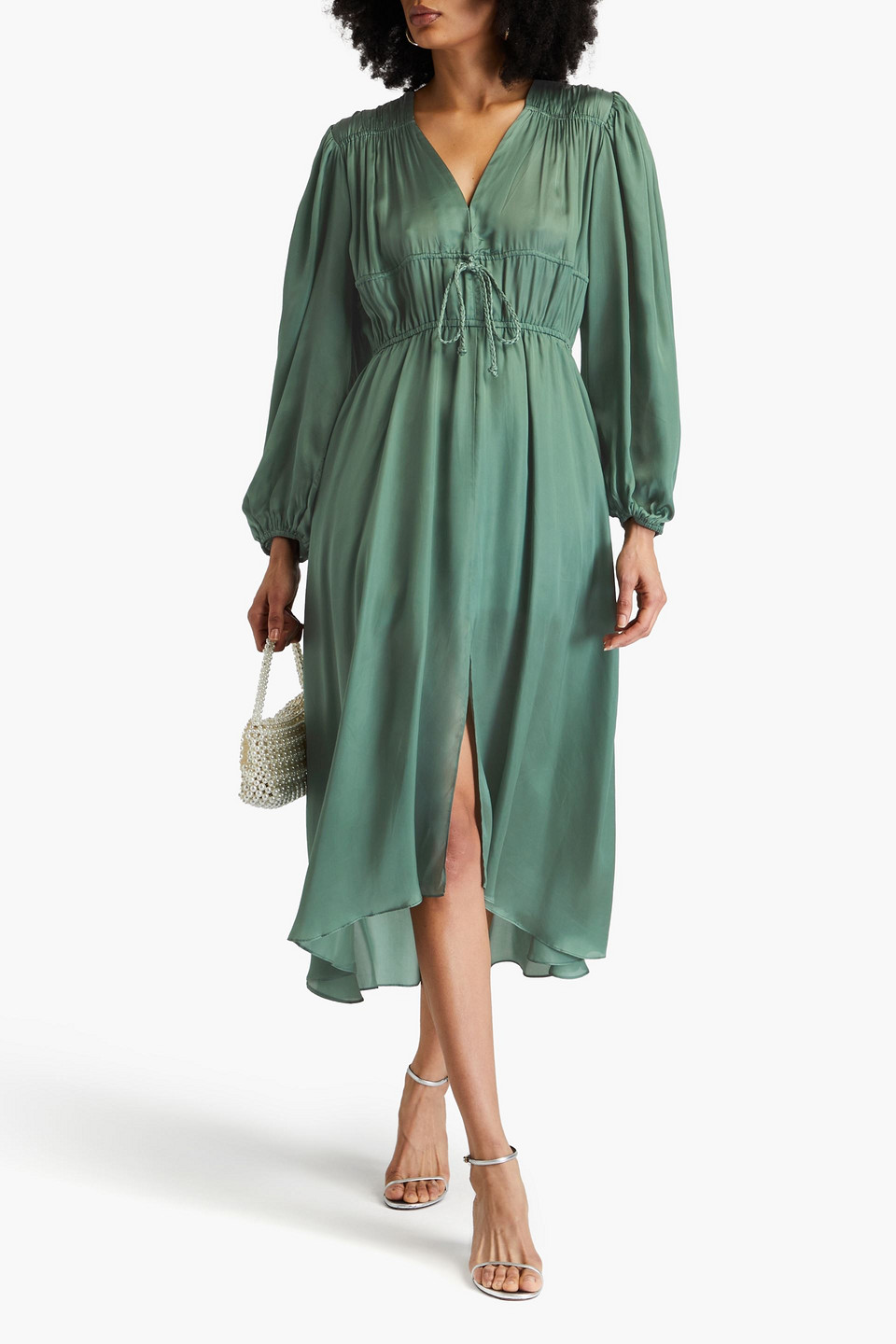 MAJE TIE-DETAILED CUPRO-SATIN MIDI DRESS