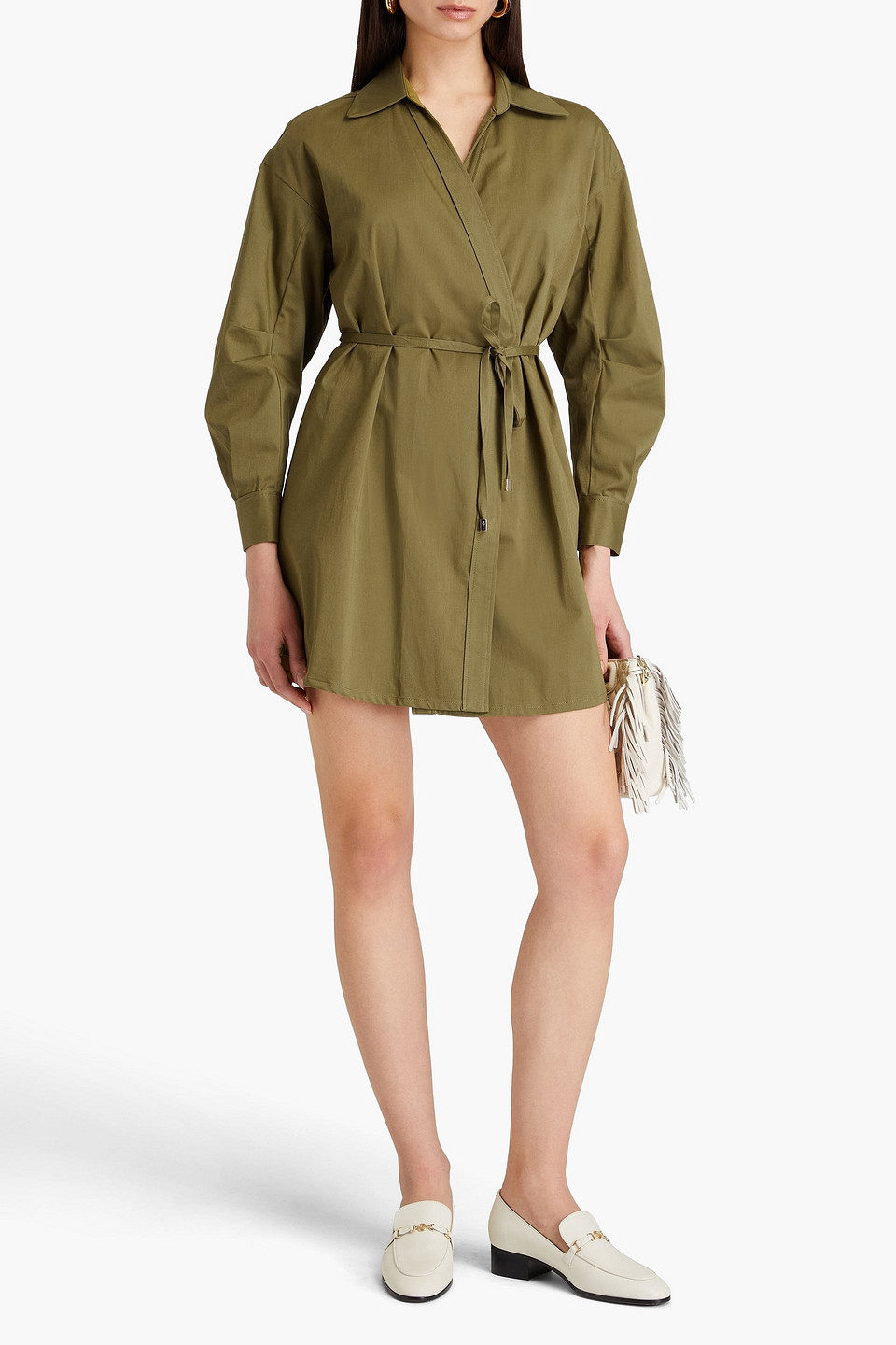 MAJE CUTOUT COTTON-BLEND TWILL MIN WRAP DRESS