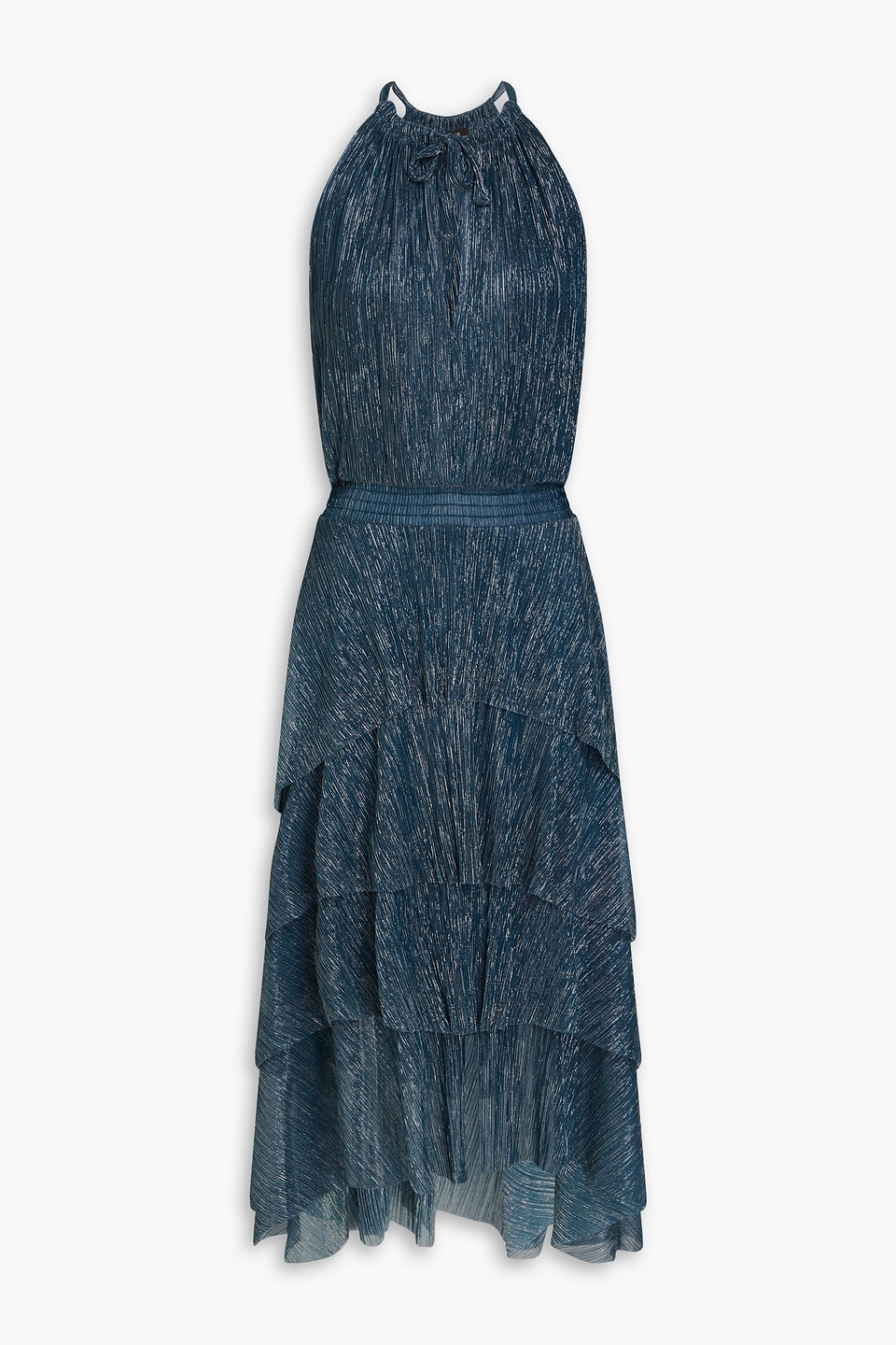 Tiered metallic plissé-jersey midi dress