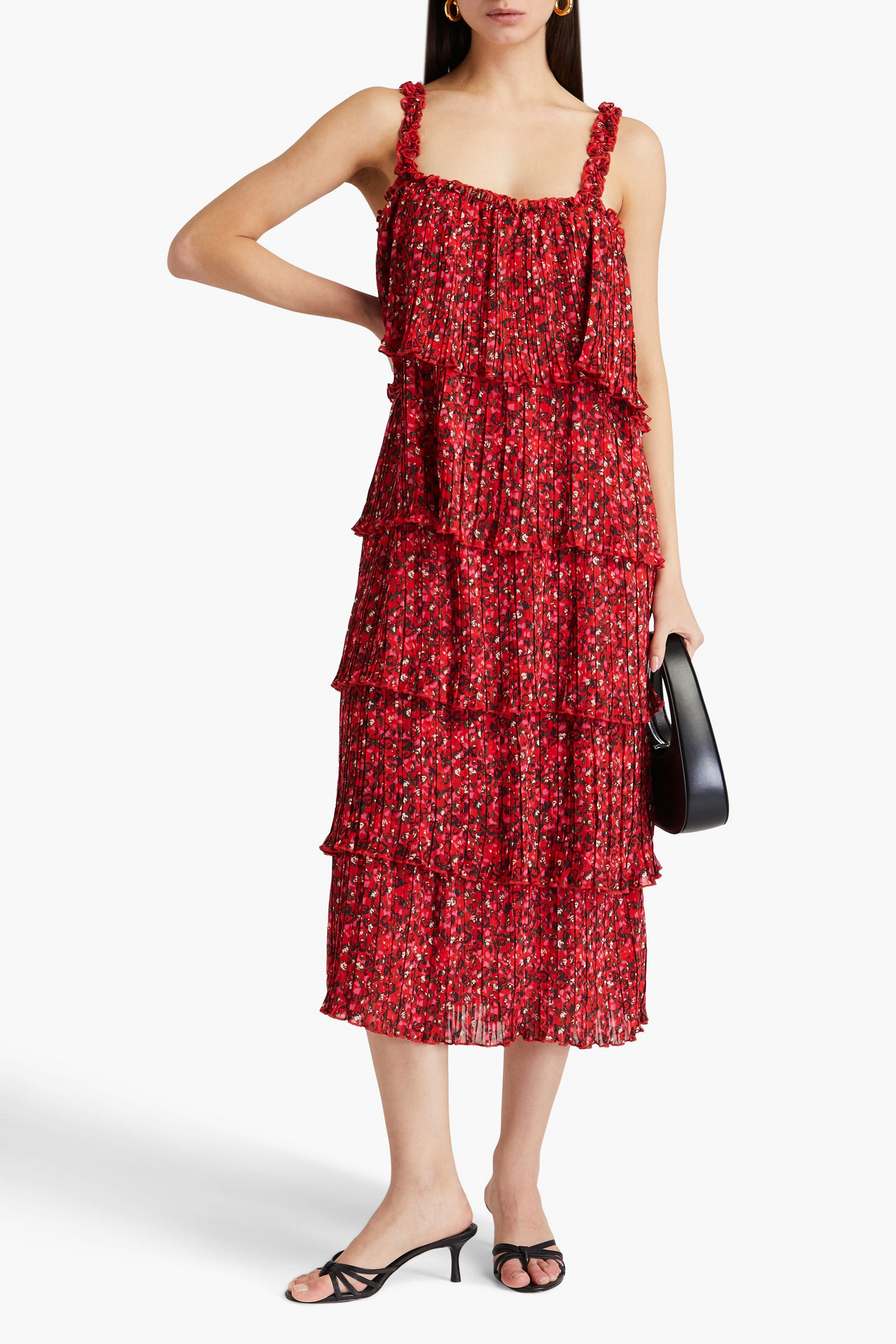 GANNI Tiered floral-print plissé-chiffon midi dress
