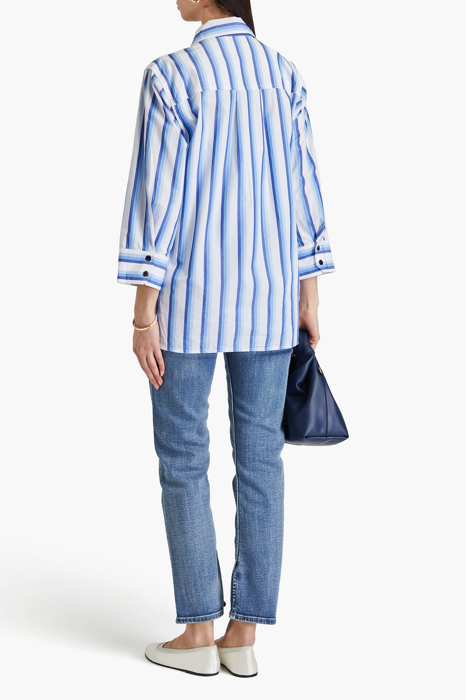 Shop Ganni Striped Cotton-poplin Shirt In Light Blue