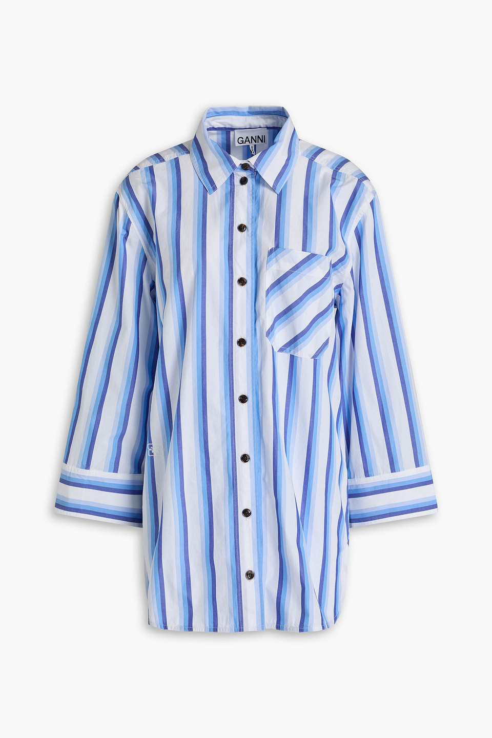Shop Ganni Striped Cotton-poplin Shirt In Light Blue